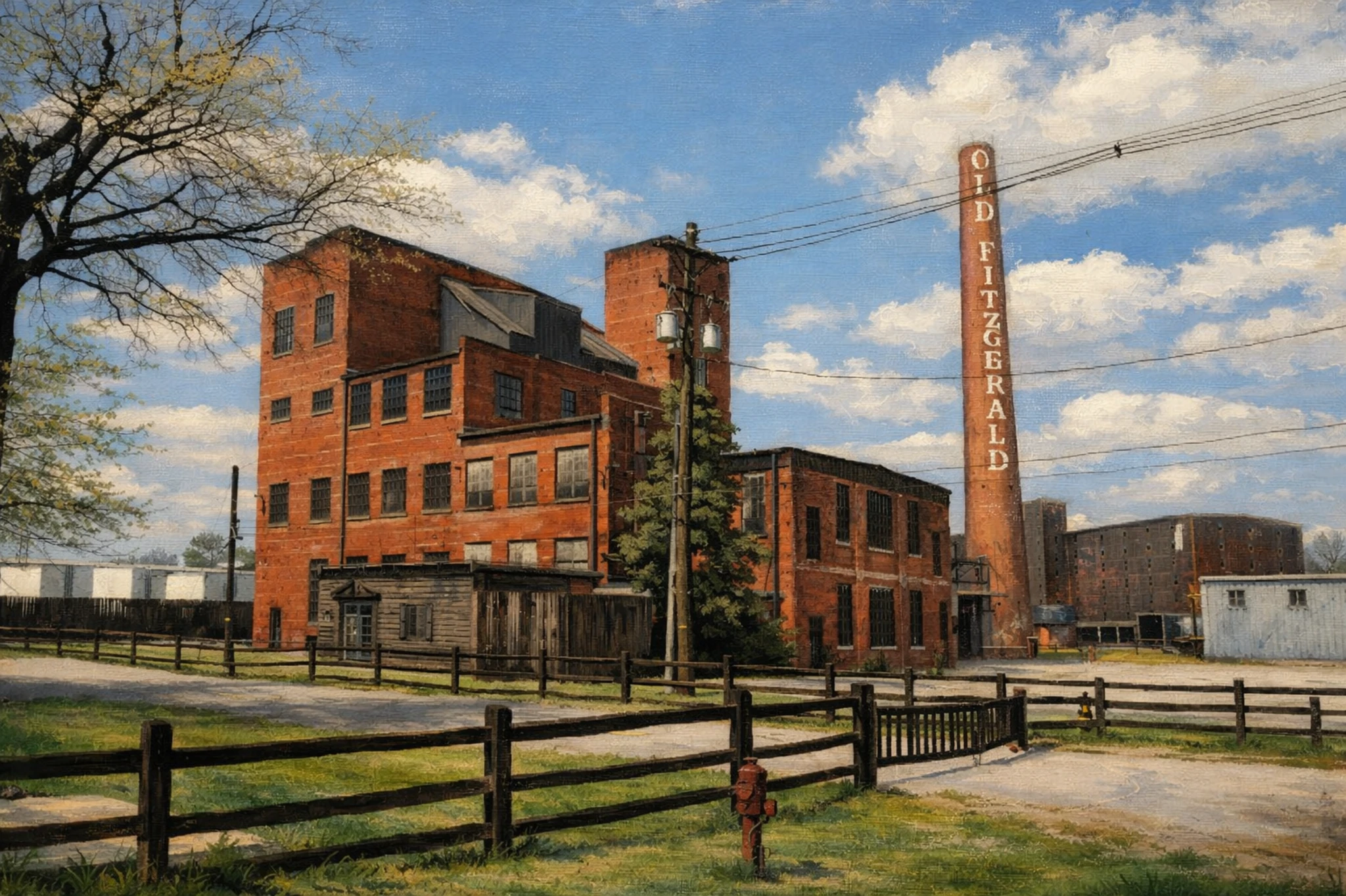 Historic brick buildings and tall smokestack at Stitzel-Weller Distillery under a blue sky in Louisville, Kentucky.