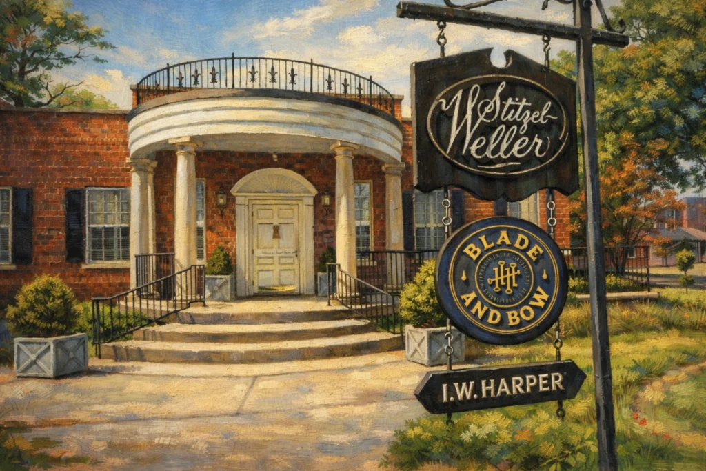 Front entrance of Stitzel-Weller Distillery with white-columned portico and hanging Blade and Bow I.W. Harper sign.