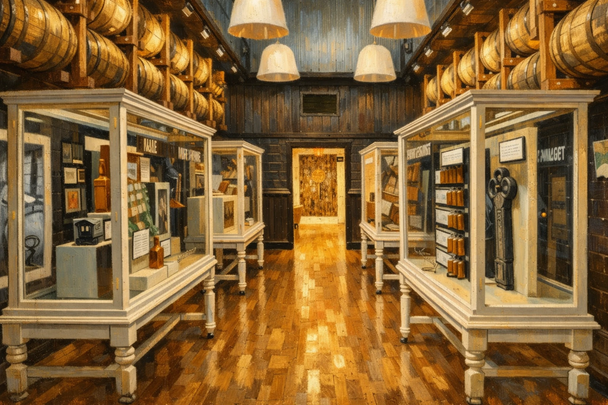 Museum gallery at Stitzel-Weller Distillery featuring bourbon barrels above glass display cases with historic artifacts.