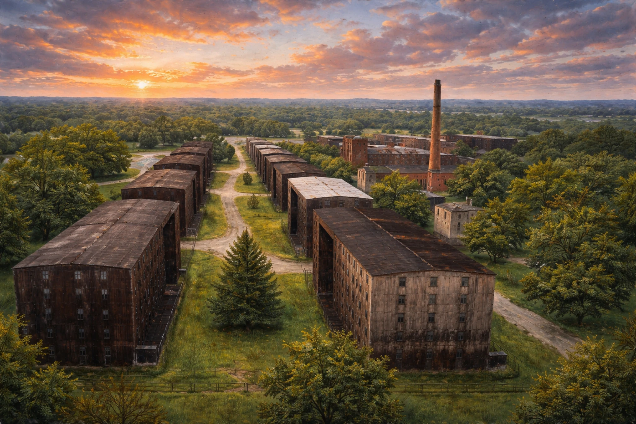 Aerial view of historic rickhouses at Stitzel-Weller Distillery surrounded by trees, with the iconic smokestack and a colorful sunset sky in Louisville, Kentucky.