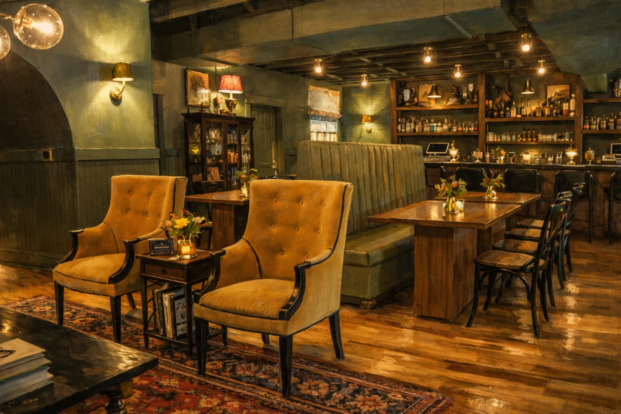 Warm, vintage-style tasting room lounge at Stitzel-Weller Distillery with upholstered chairs, wood tables, and ambient lighting.