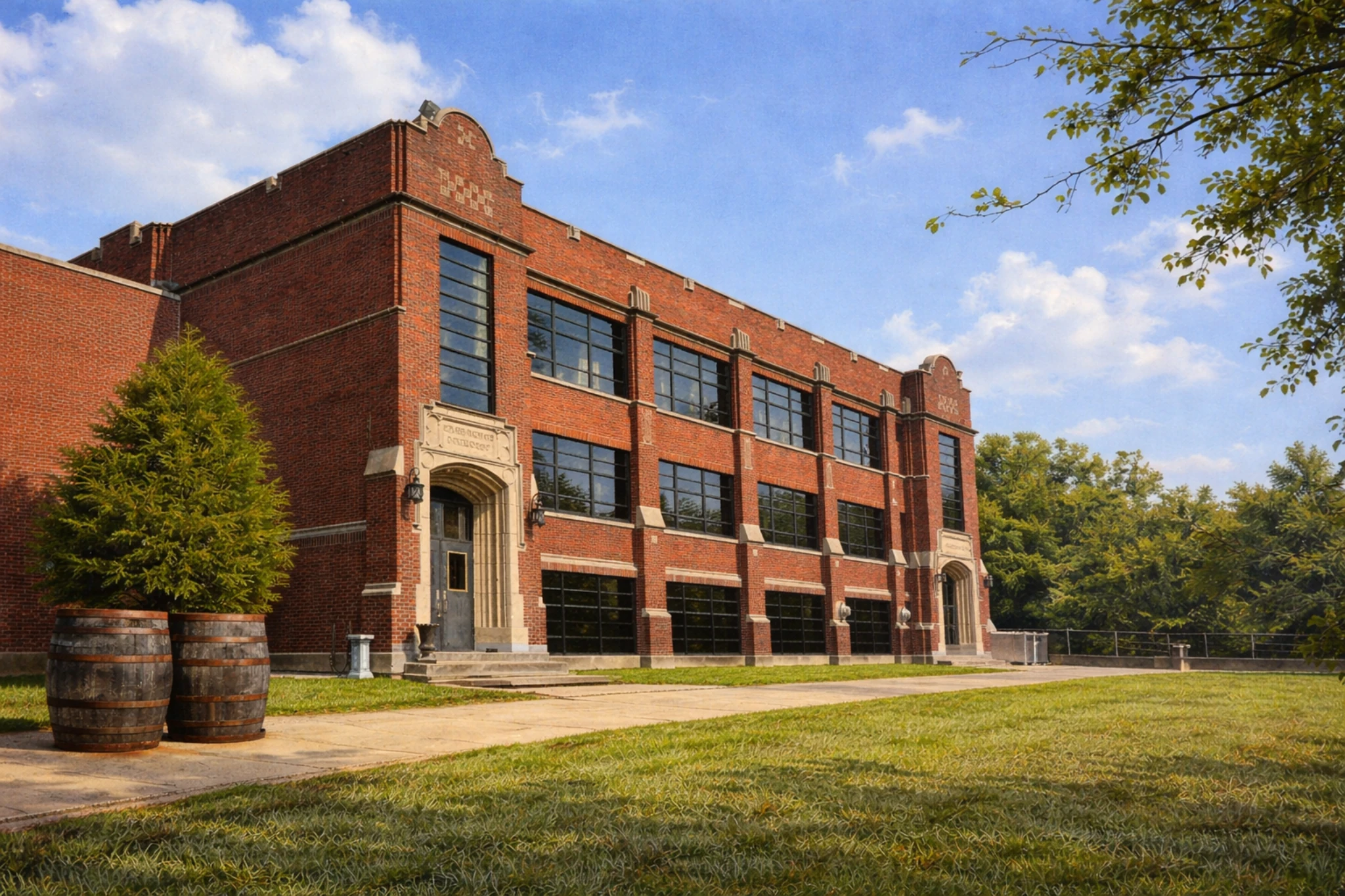 Historic brick building at The Bard Distillery featuring large industrial windows and landscaped grounds under a blue sky.