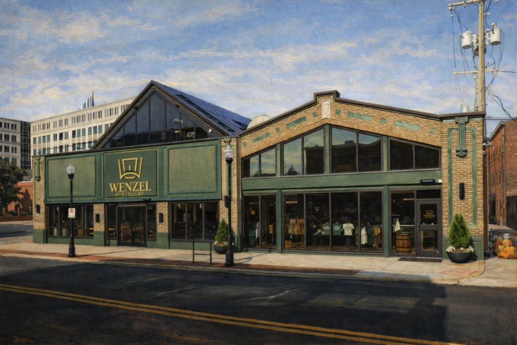 Downtown Wenzel Distillery storefront with green brick façade, large windows, and distillery branding along the street.