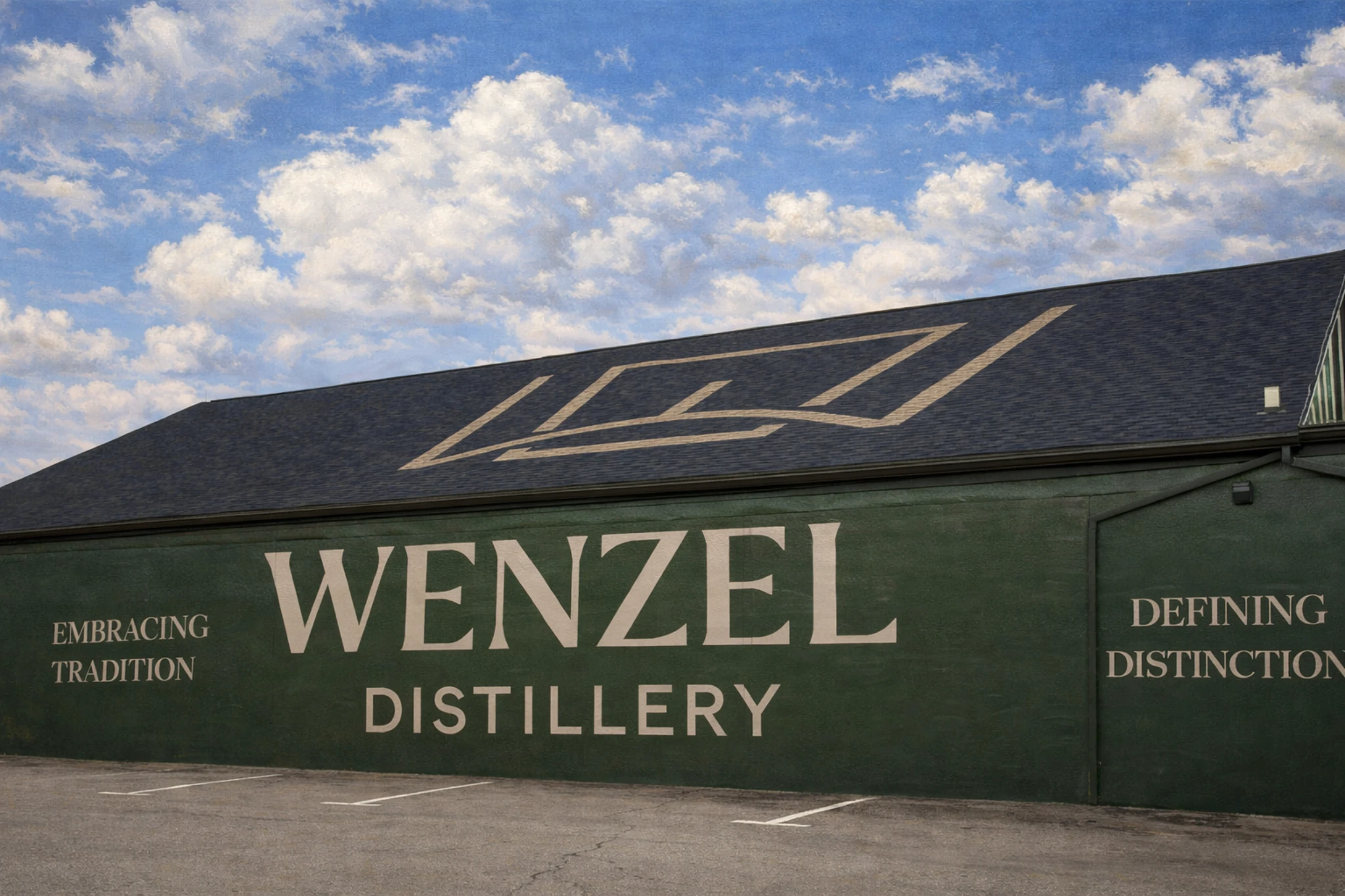 Large green exterior wall at Wenzel Distillery displaying the Wenzel Distillery name and branding under a blue sky.