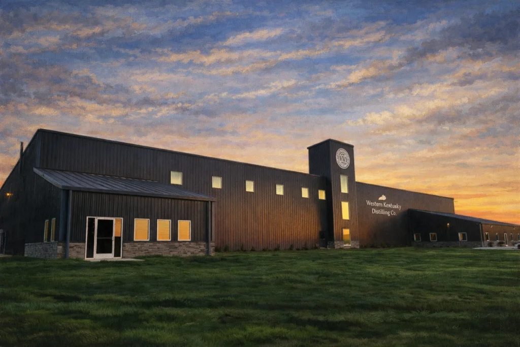 Exterior view of Western Kentucky Distilling Co. featuring a modern black metal distillery building with a tower sign and landscaped lawn at sunset.