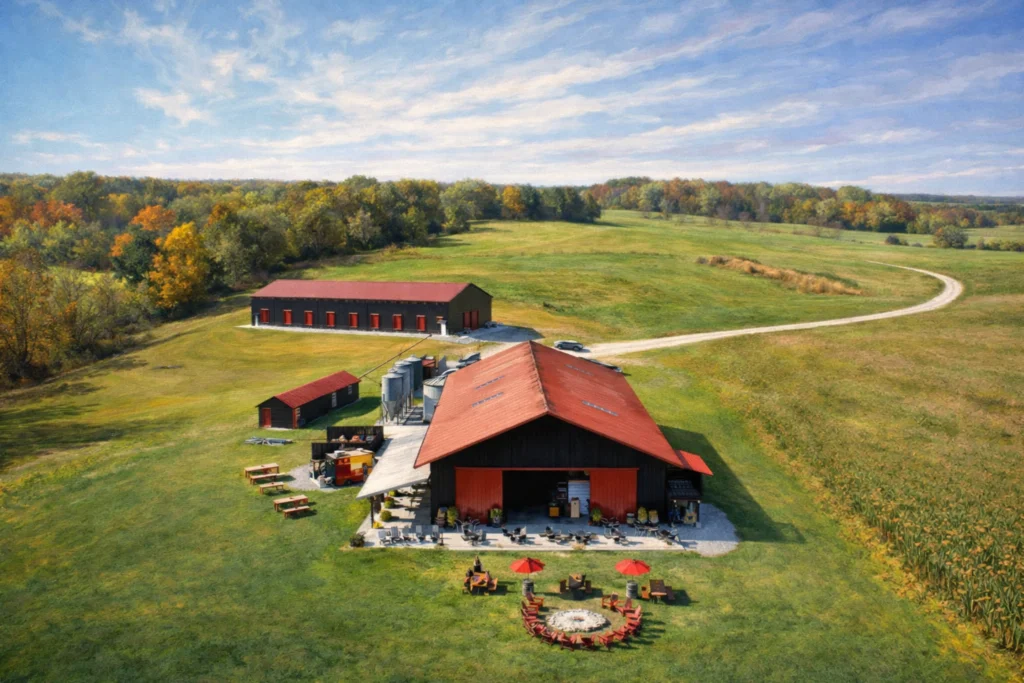 Aerial view of Whiskey Thief Distilling Co. showing red-roofed farm buildings, outdoor seating, and rolling countryside surrounding the distillery.