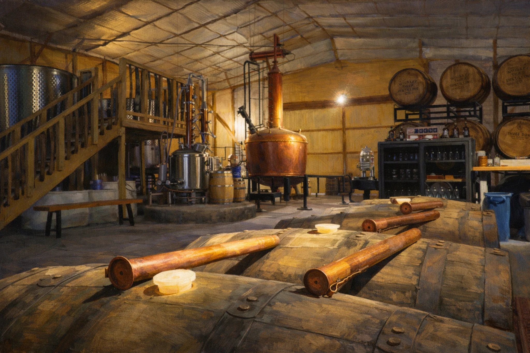 Interior of Whiskey Thief Distilling Co. featuring a copper pot still, fermentation equipment, and aging barrels inside a rustic distillery space.