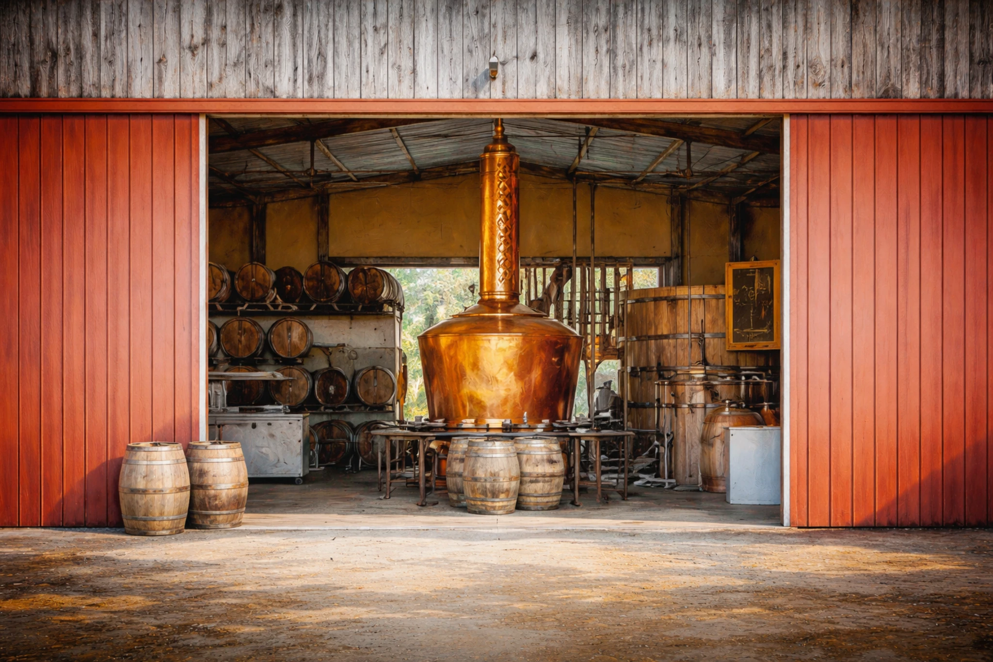 Copper pot still inside the open barn stillhouse at Whiskey Thief Distilling Co., surrounded by wooden barrels and farm-style distillery equipment.