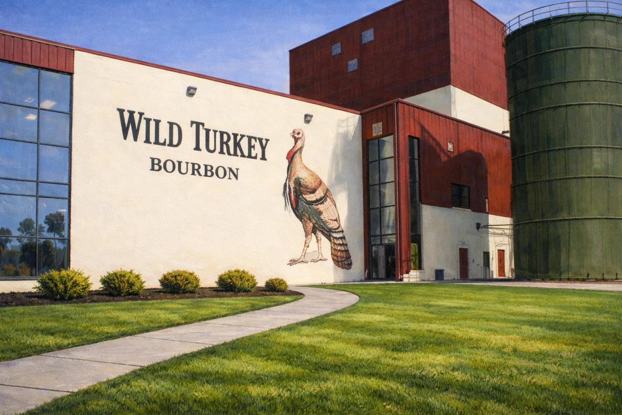 Wild Turkey Bourbon wall mural featuring the iconic turkey artwork painted on the exterior of the distillery buildings.