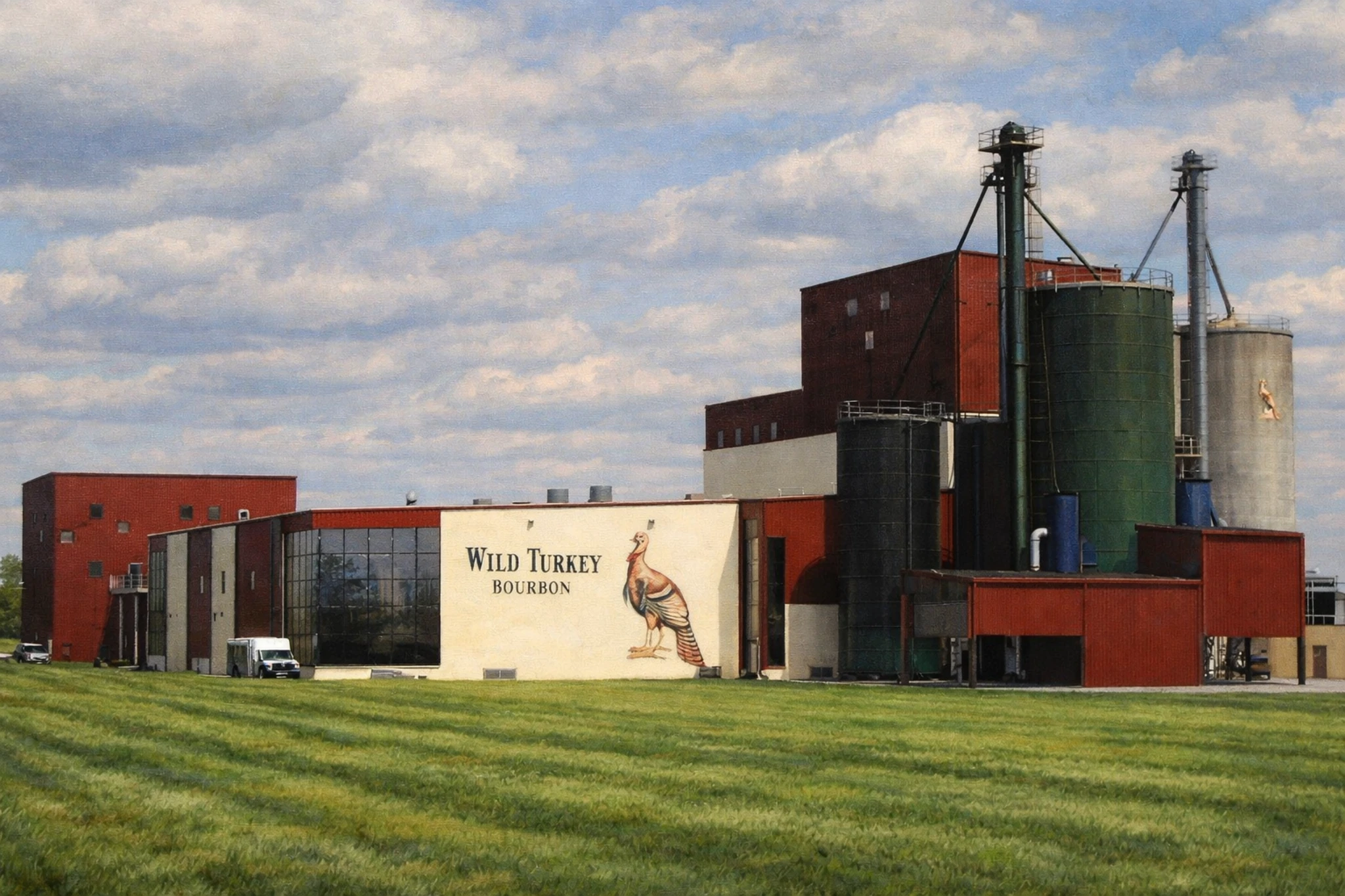 Exterior view of the Wild Turkey Bourbon production campus featuring industrial buildings, silos, and the iconic turkey mural set against open grass fields.