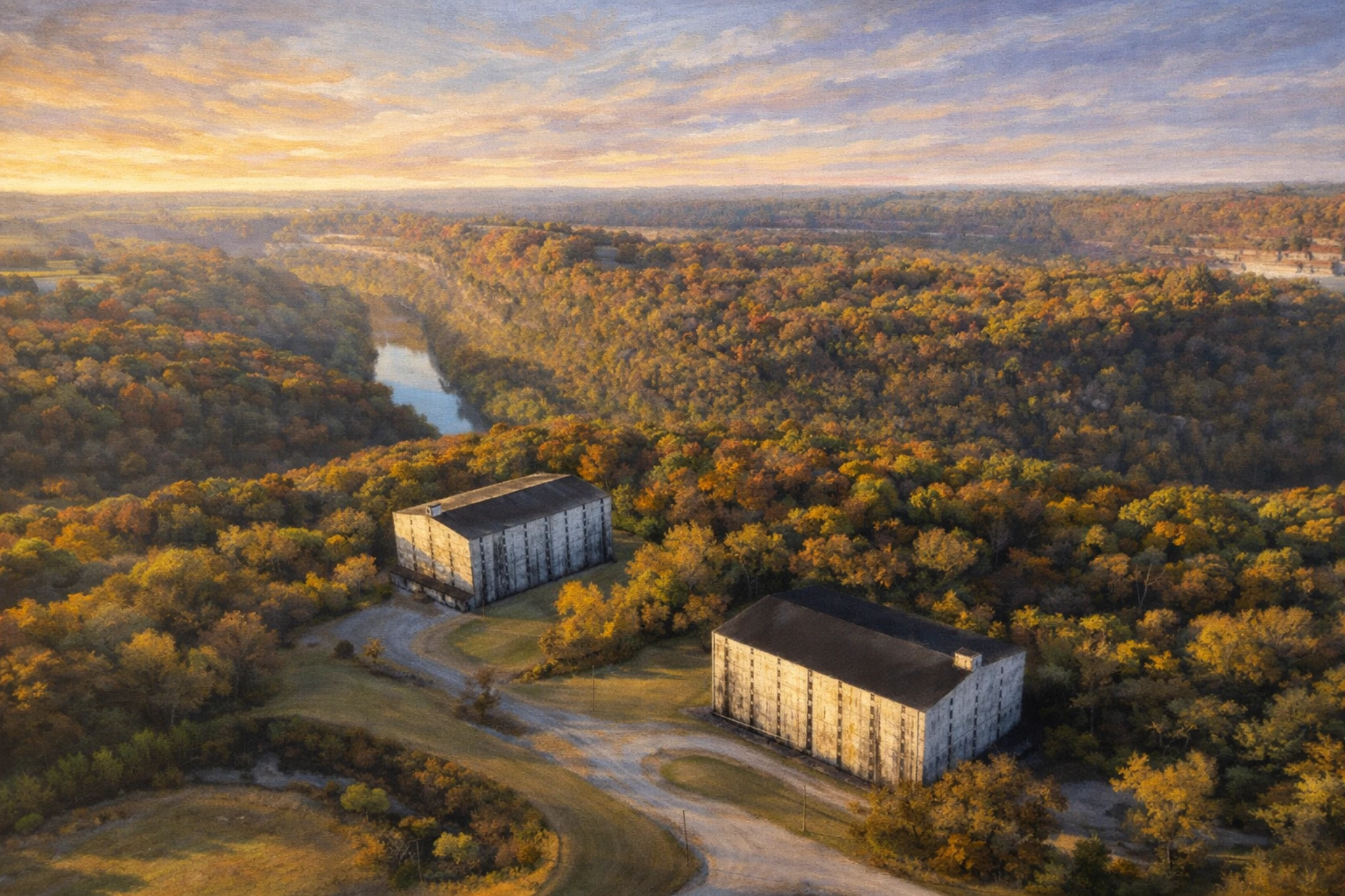 Aerial view of Wild Turkey rickhouses surrounded by autumn forest overlooking the Kentucky River.