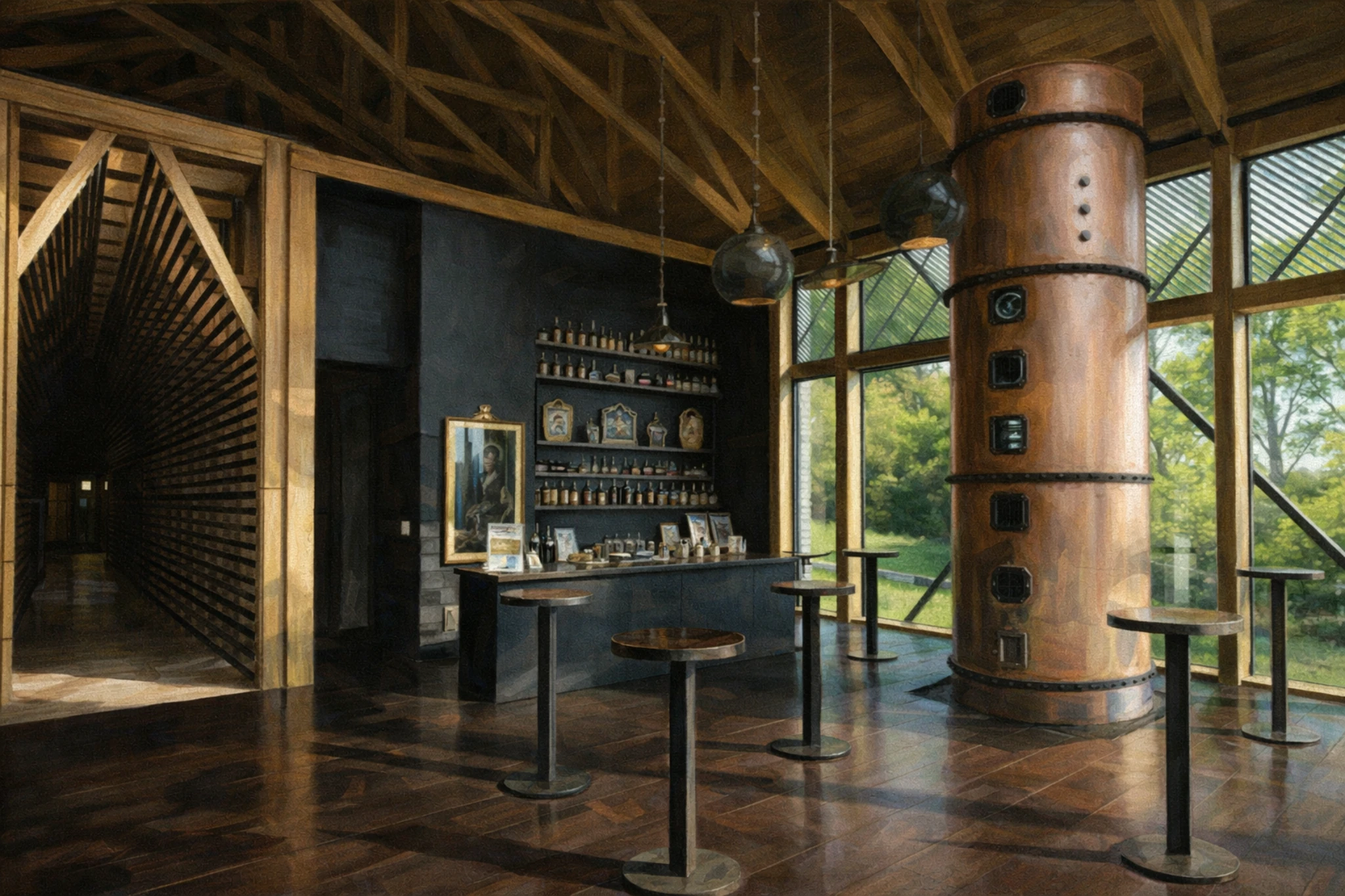 Interior of the Wild Turkey Distillery tasting room showcasing a copper distillation column, wood-beamed ceilings, and bourbon bottle displays.