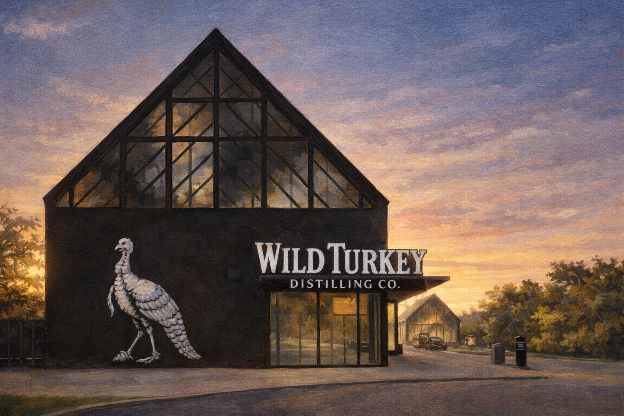 Wild Turkey Distilling Co. visitor center at sunset featuring modern glass architecture and the signature turkey emblem.