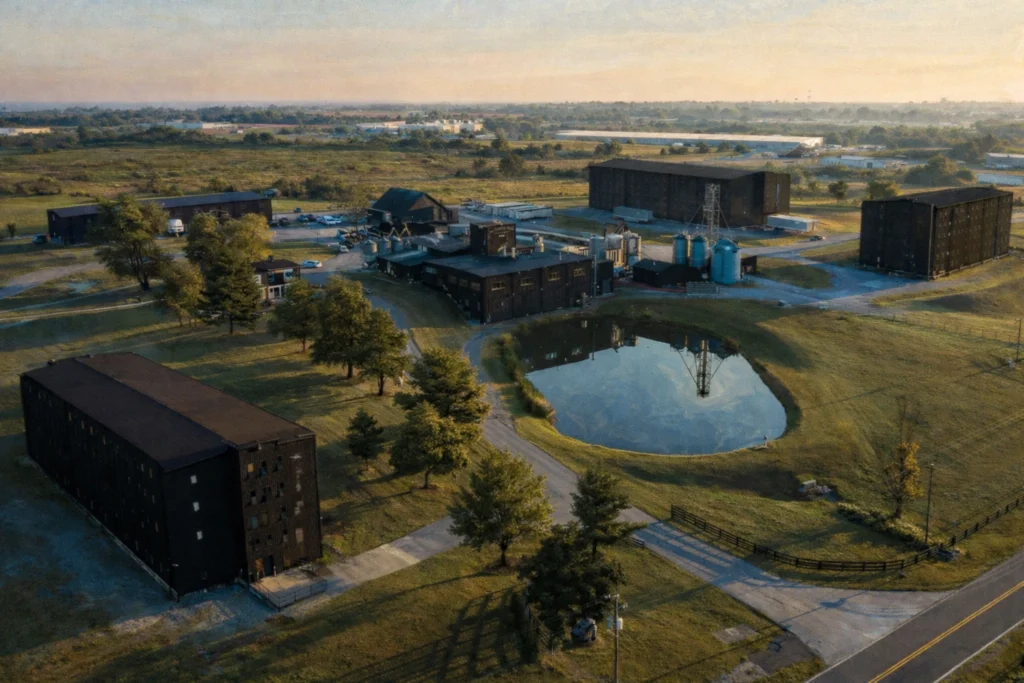 Aerial view of Wilderness Trail Distillery campus in Kentucky, showing rickhouses, production buildings, and a central pond surrounded by rolling farmland.