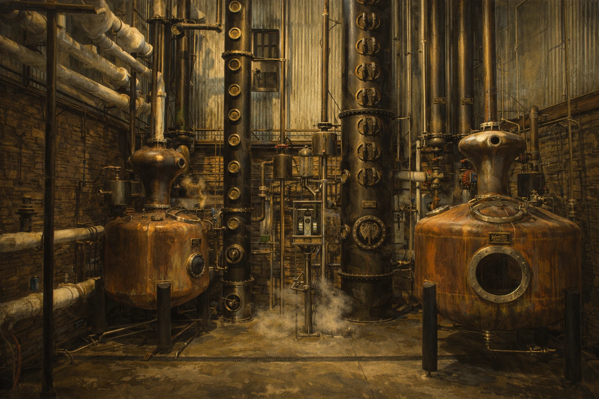 Interior of Wilderness Trail Distillery featuring twin copper pot stills, tall distillation columns, exposed piping, and steam rising inside the production room.