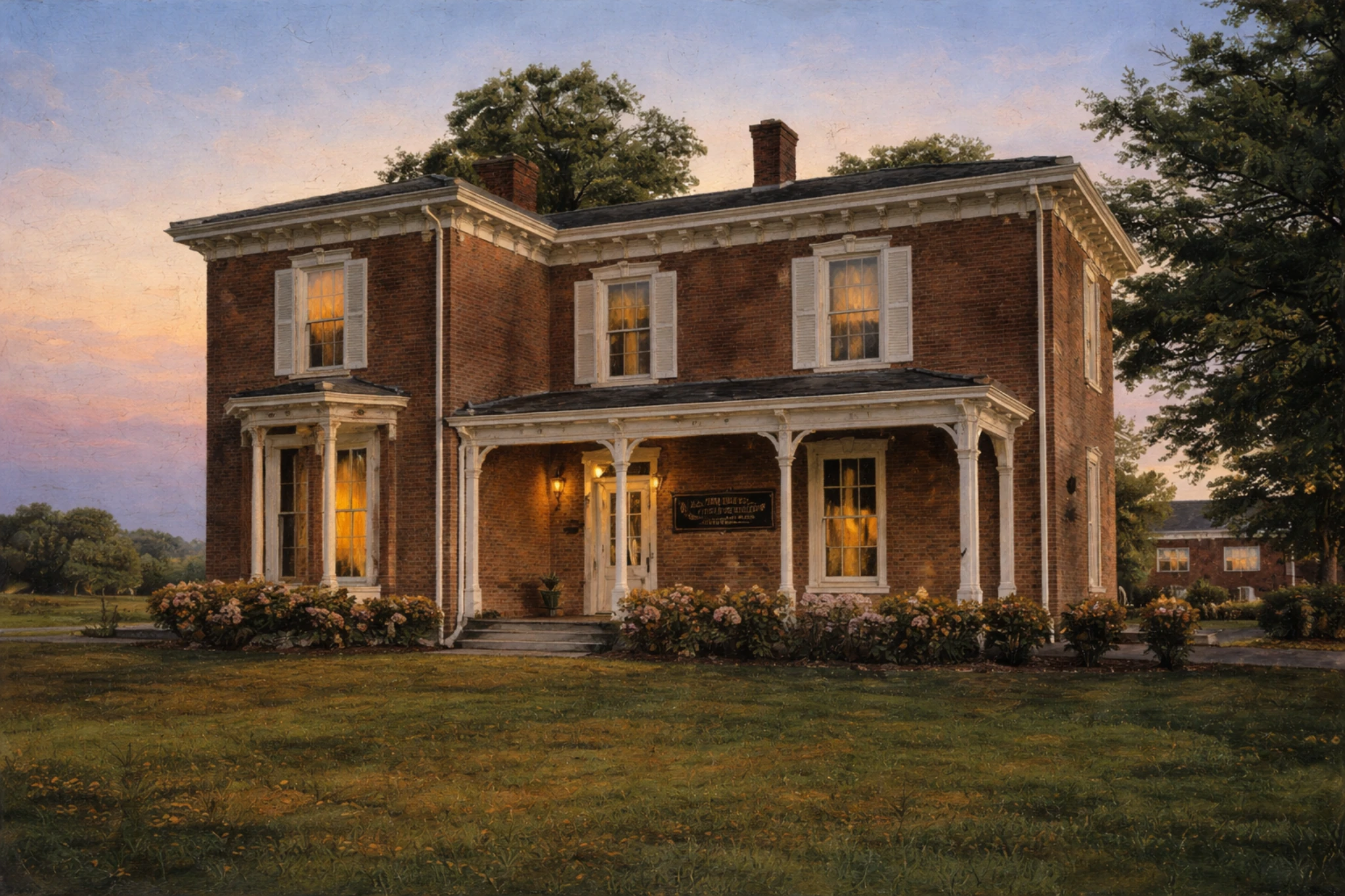 Historic brick house at Wilderness Trail Distillery in Kentucky, photographed at dusk with warm interior lights and landscaped grounds.