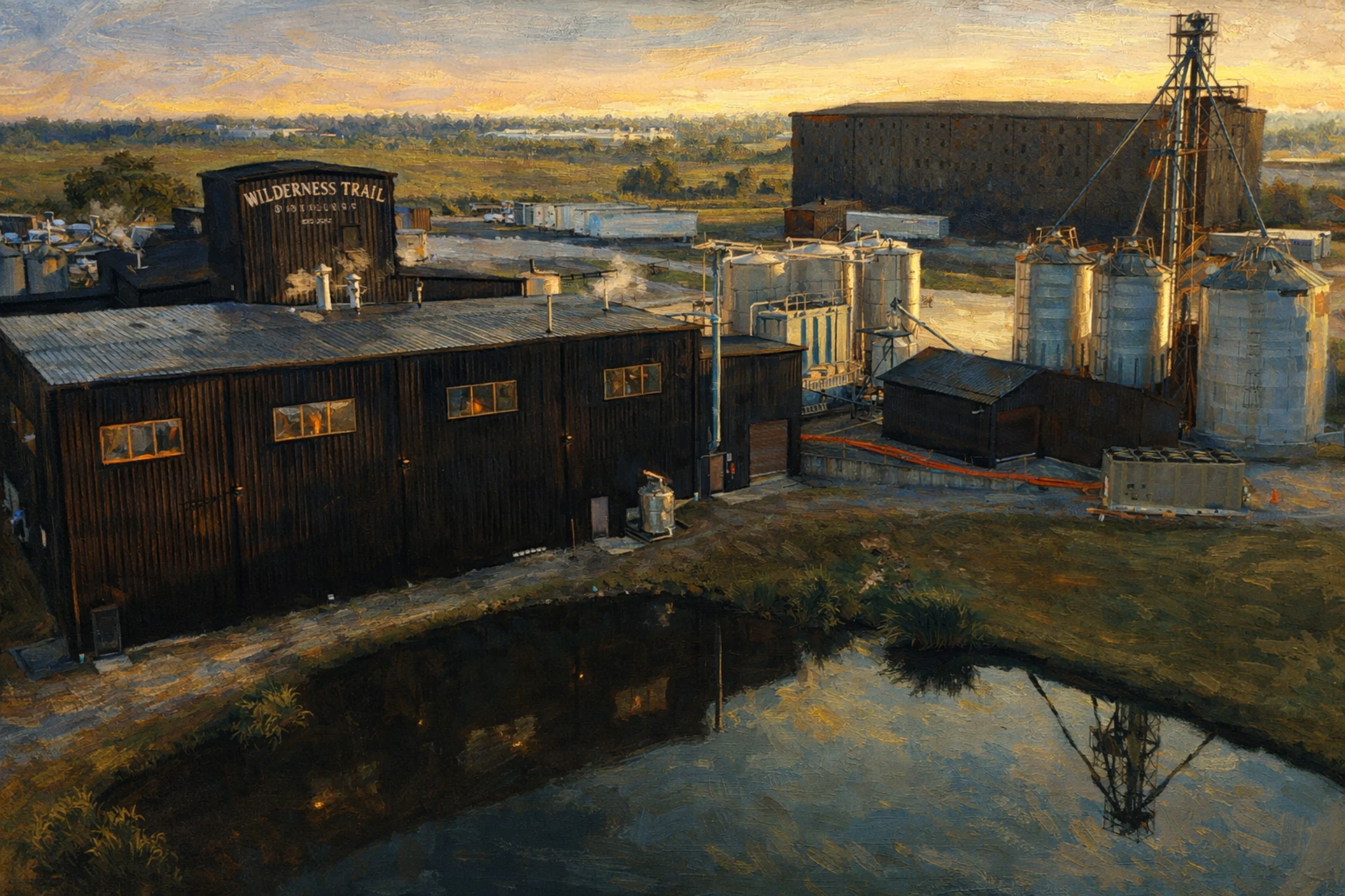 Production buildings and grain silos at Wilderness Trail Distillery in Kentucky, reflected in a water pond during golden hour.