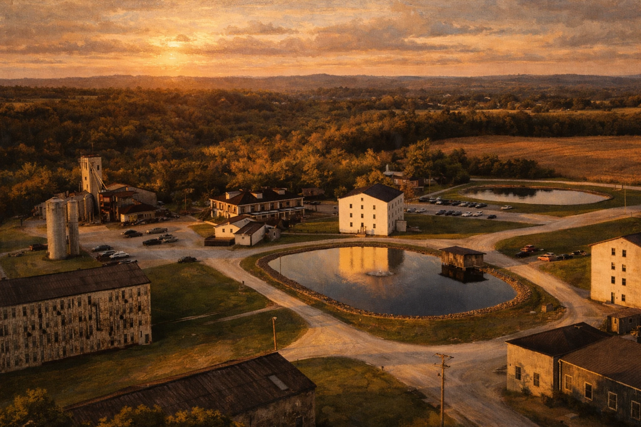 Aerial view of the Willett Distillery campus at sunset showing historic buildings, rickhouses, and a reflective pond surrounded by rolling countryside.