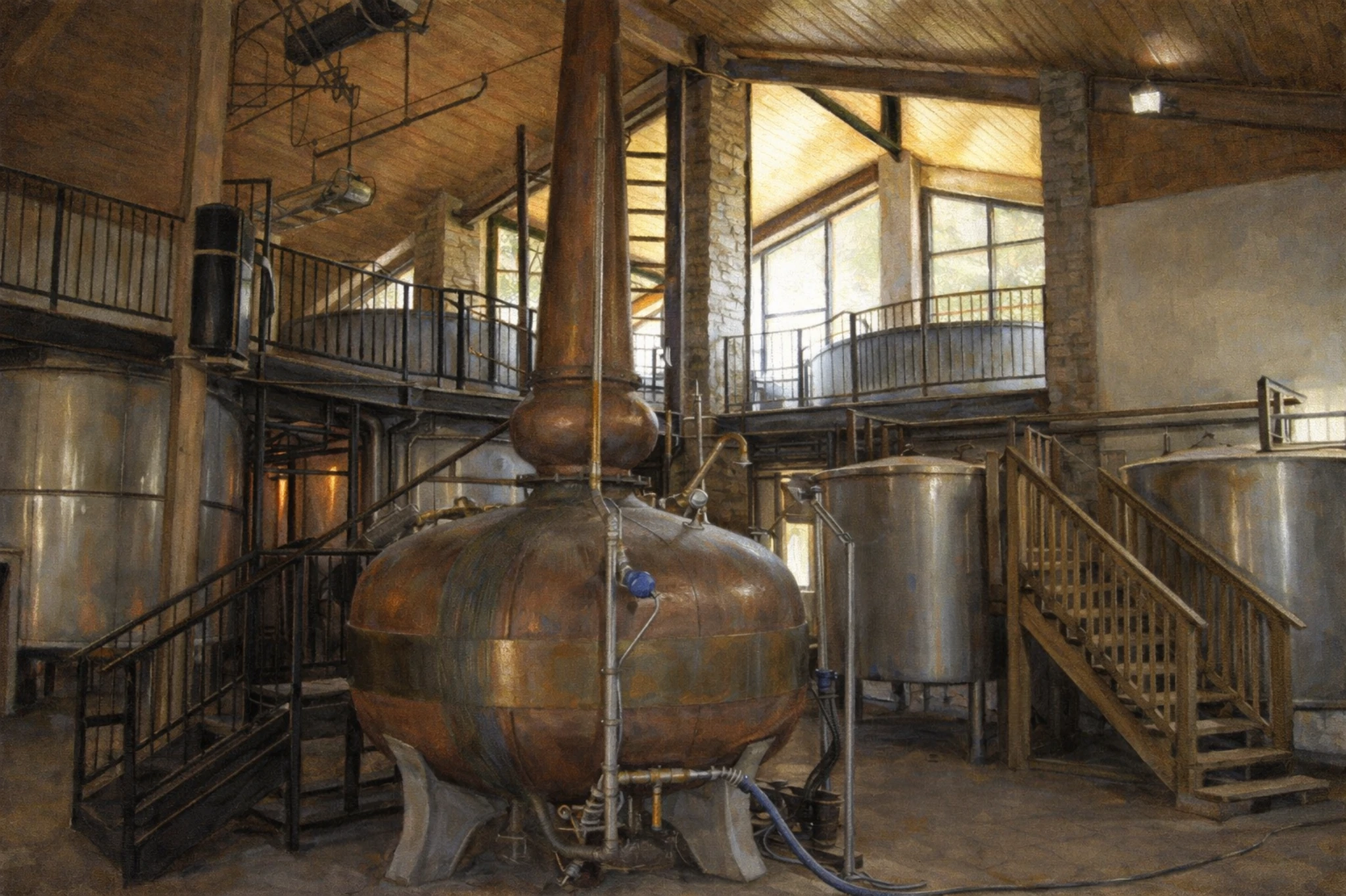 Copper pot still inside the Willett Distillery production room, surrounded by fermentation tanks, catwalks, and industrial distilling equipment.