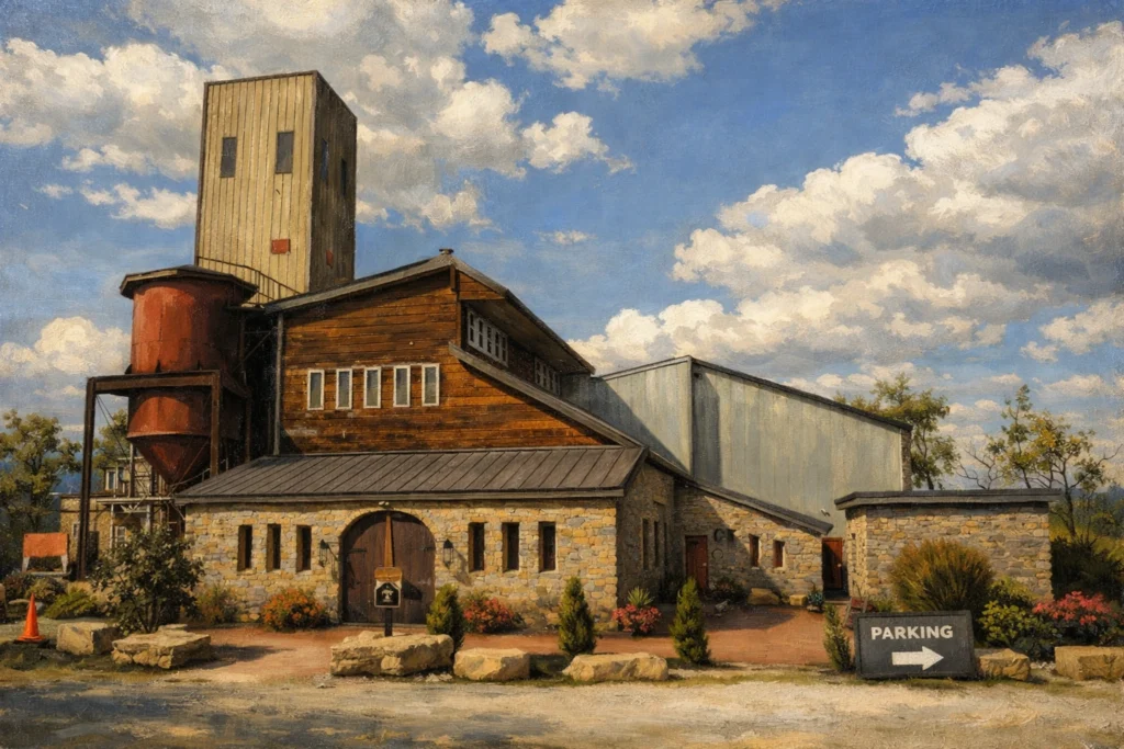 Stone and wood distillery building at Willett Distillery in Bardstown, Kentucky, featuring a tower structure and landscaped grounds under a blue sky.
