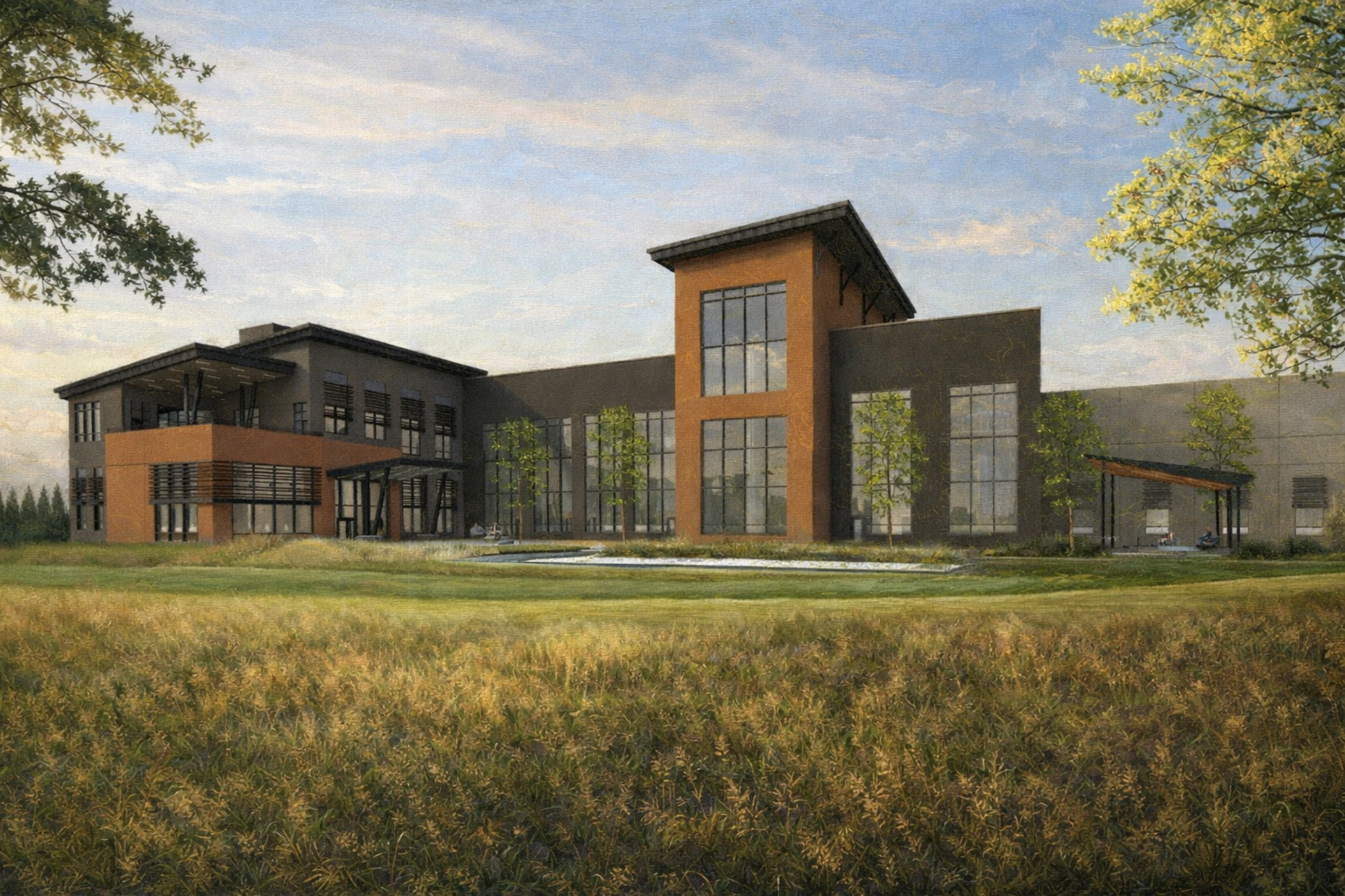 Modern exterior of Willett Distillery’s Springfield, Kentucky location featuring a contemporary brick-and-metal building with large windows, landscaped grounds, and open green space.