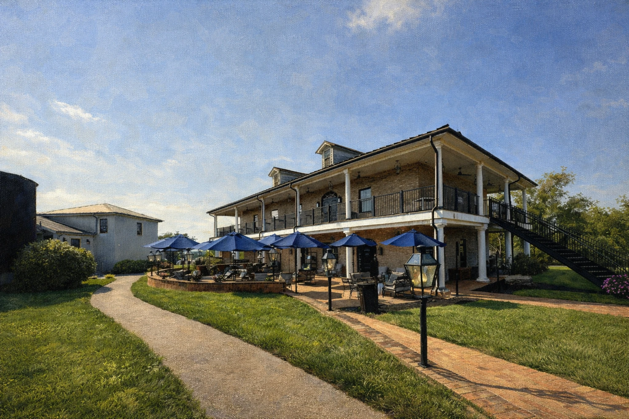 Outdoor patio at the Willett Distillery visitor center with blue umbrellas, seating areas, and a two-story stone building in Bardstown, Kentucky.