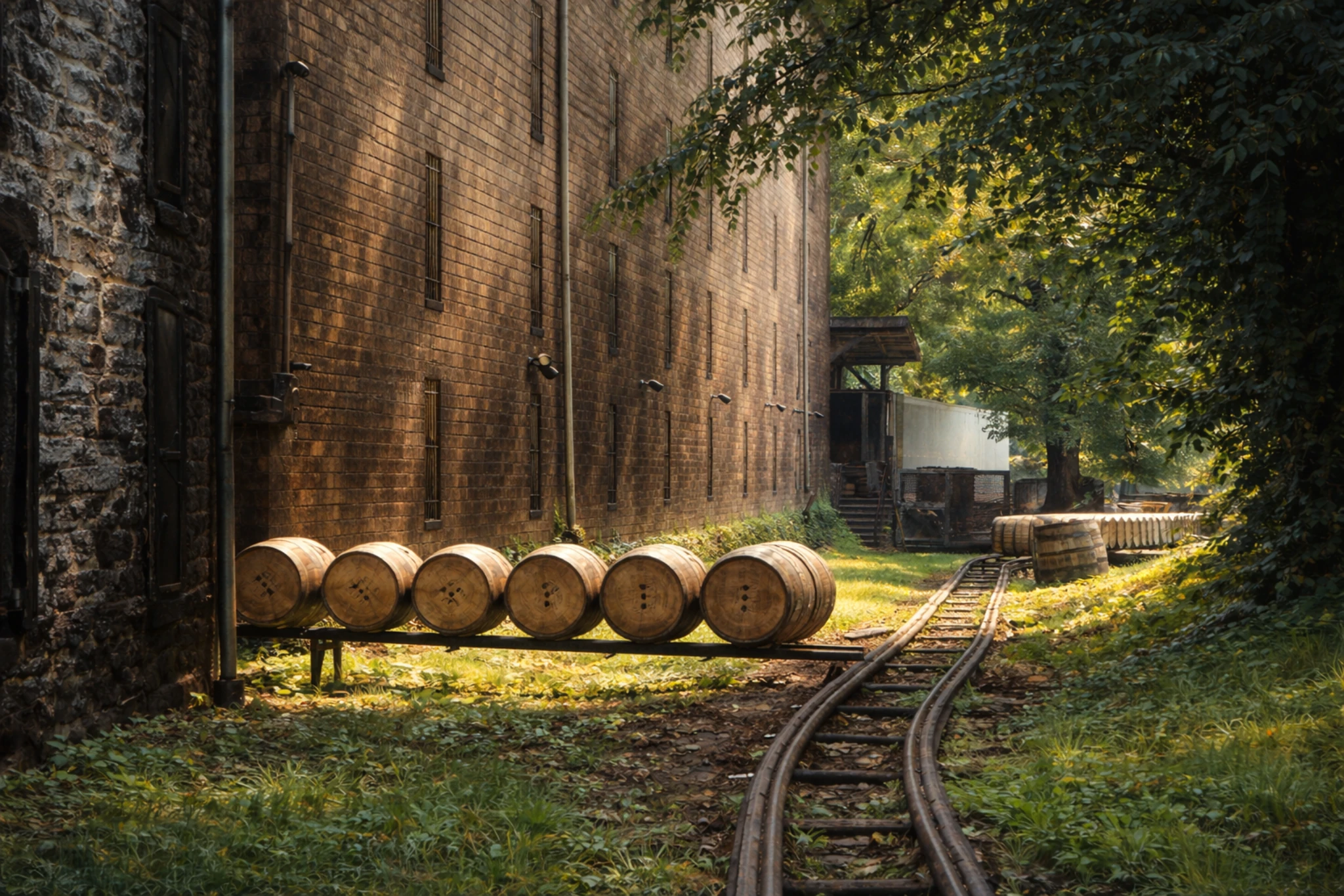 Wooden bourbon barrels resting along a narrow rail system beside historic brick rickhouses at Woodford Reserve Distillery.