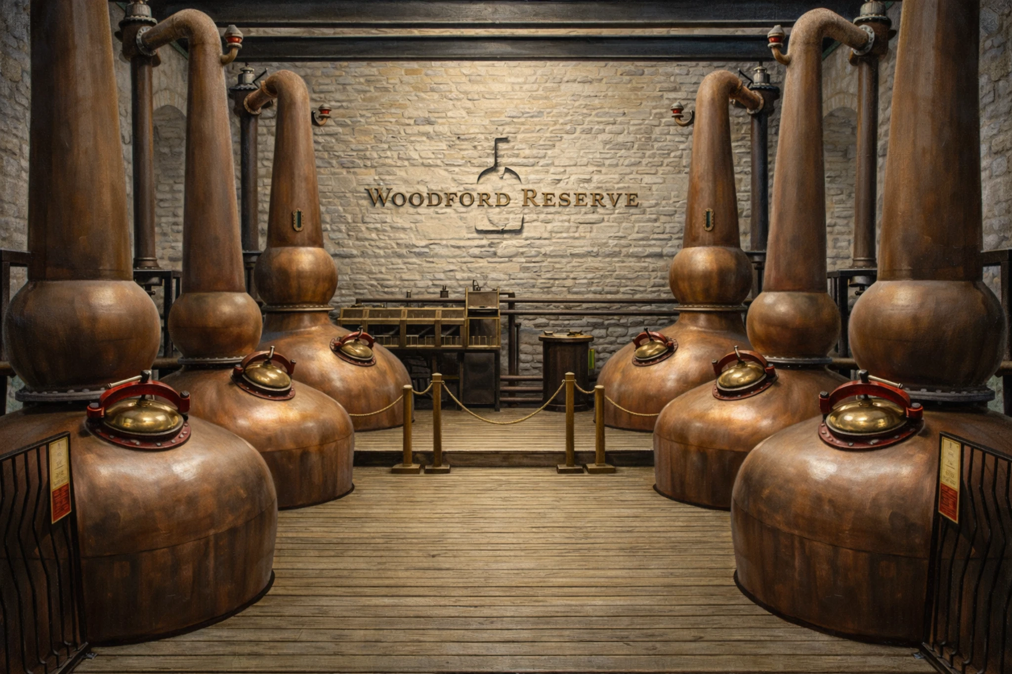 Copper pot stills inside the Woodford Reserve distillery showcasing traditional bourbon distillation equipment.
