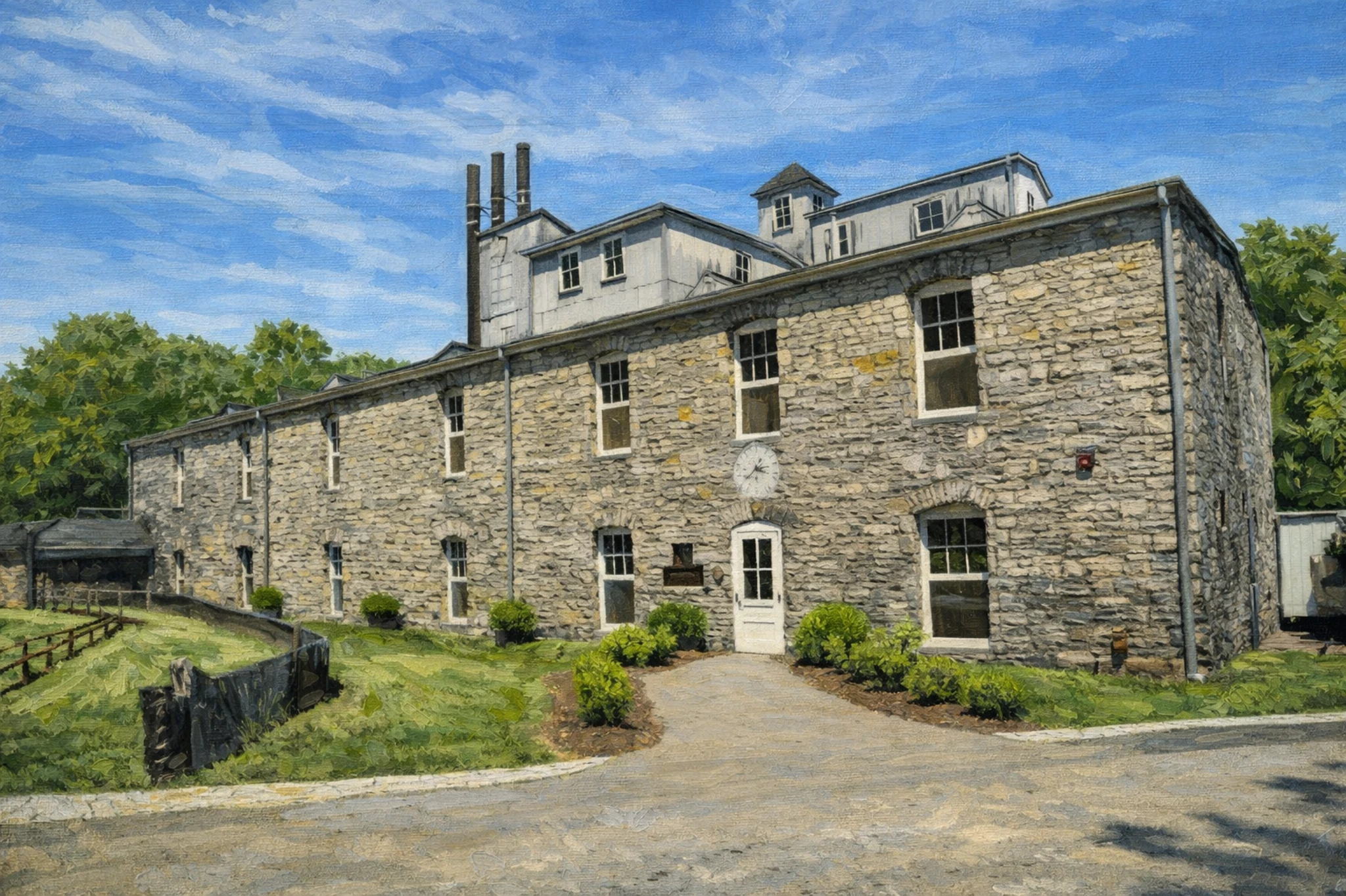 Stone distillery building at Woodford Reserve with white doors and chimneys, depicted in a painted artistic style.