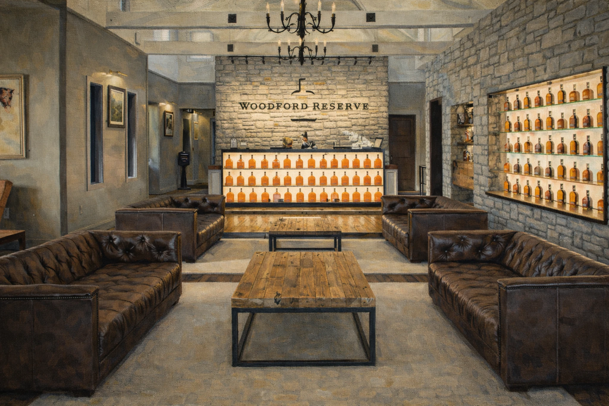Interior of the Woodford Reserve tasting room with leather seating and a wall display of bourbon bottles.