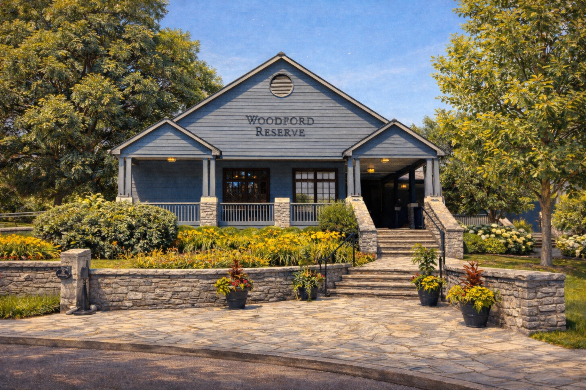 Exterior view of the Woodford Reserve visitor center surrounded by landscaped gardens and stone walkways in Versailles, Kentucky.