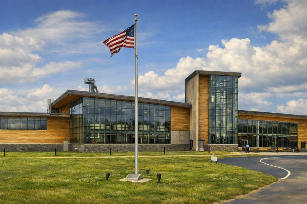 Exterior view of Bardstown Bourbon Company distillery featuring modern glass architecture and an American flag flying outside.