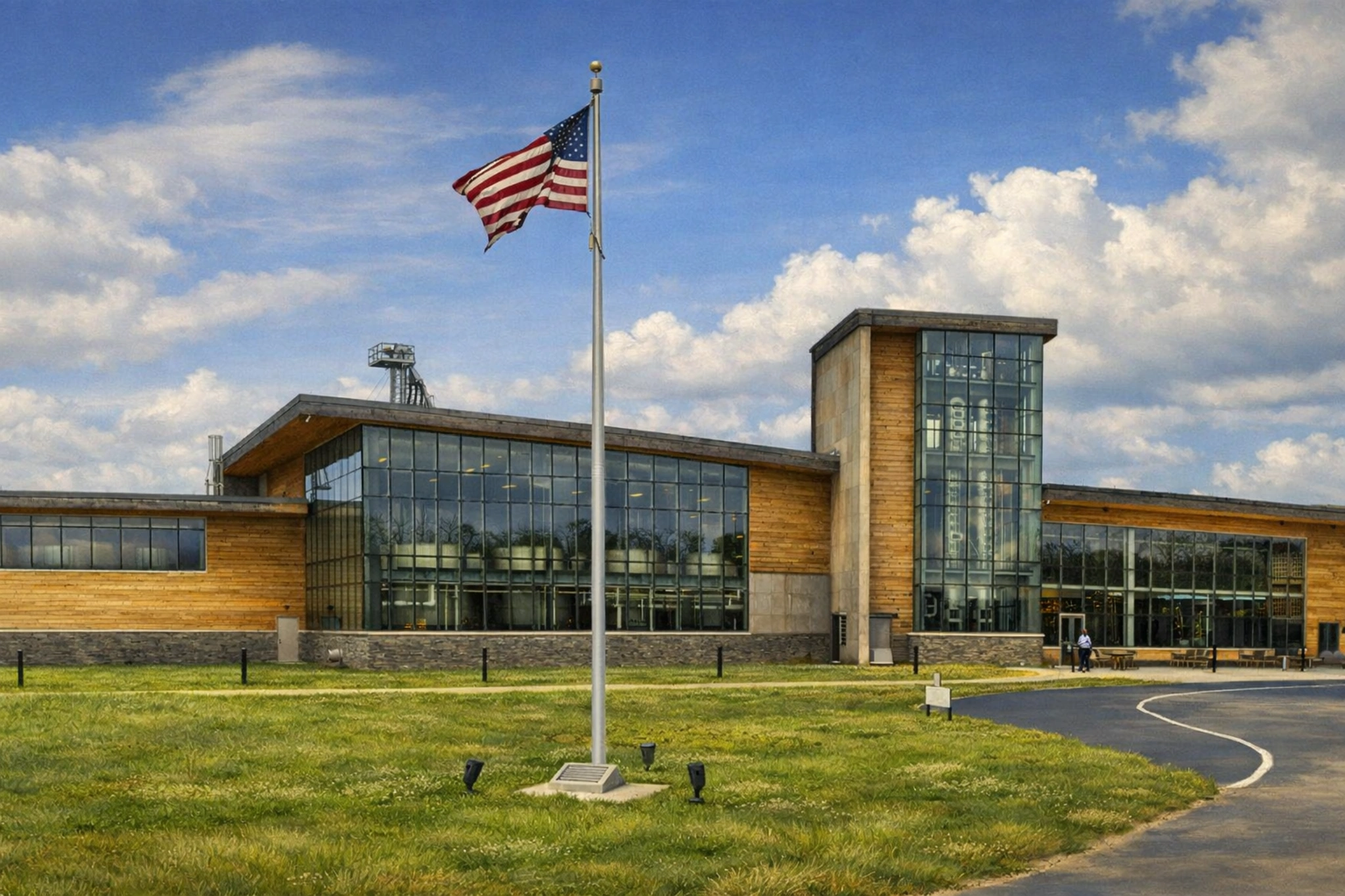 Exterior view of Bardstown Bourbon Company distillery featuring modern glass architecture and an American flag flying outside.