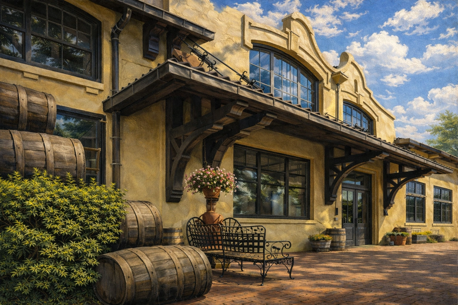 Spanish Mission–style building at Four Roses Distillery with arched windows, decorative balconies, stacked bourbon barrels, and shaded courtyard seating.