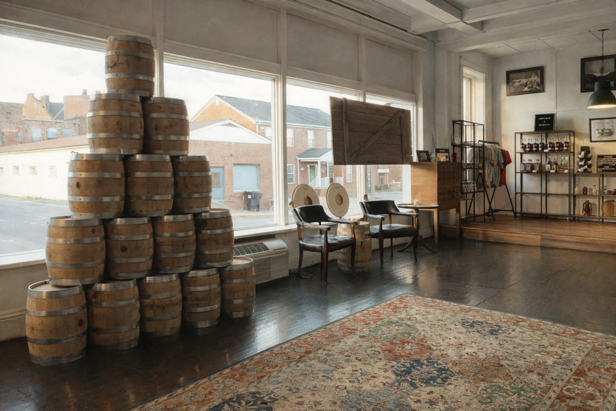 Stacked bourbon barrels and seating area by large front windows at Hartfield & Co. Distillery.