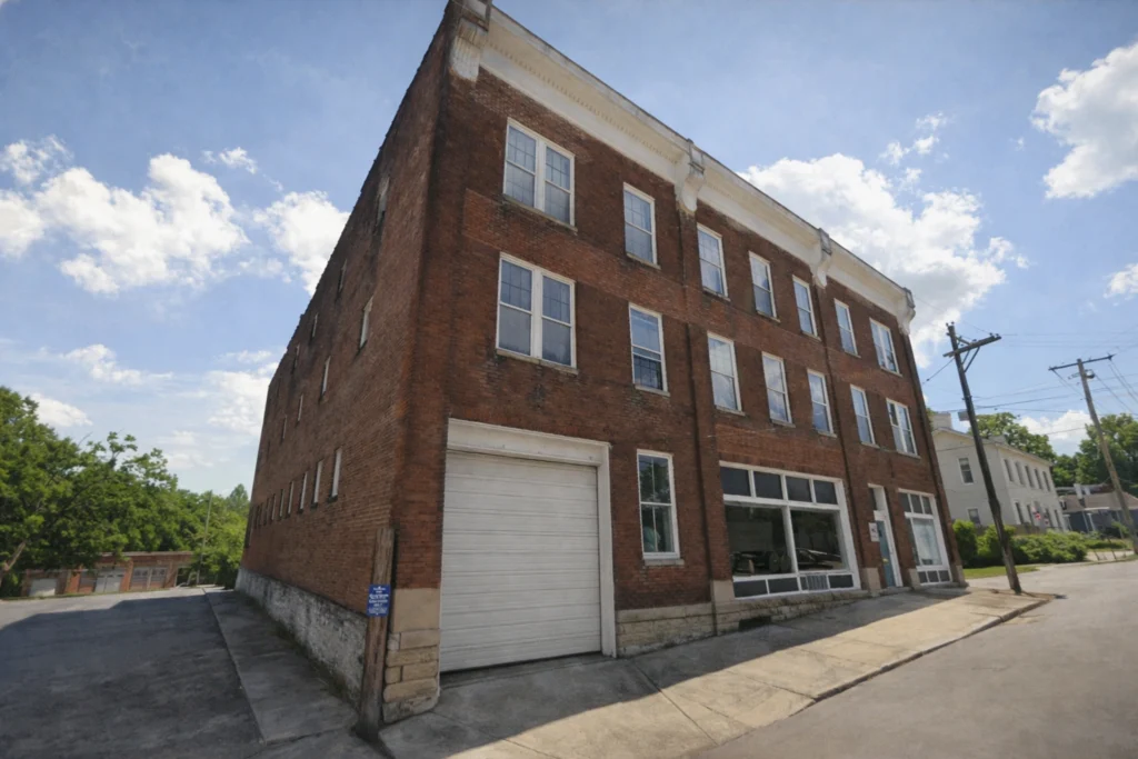 Exterior brick building of Hartfield & Co. Distillery in downtown historic Paris, Ky.