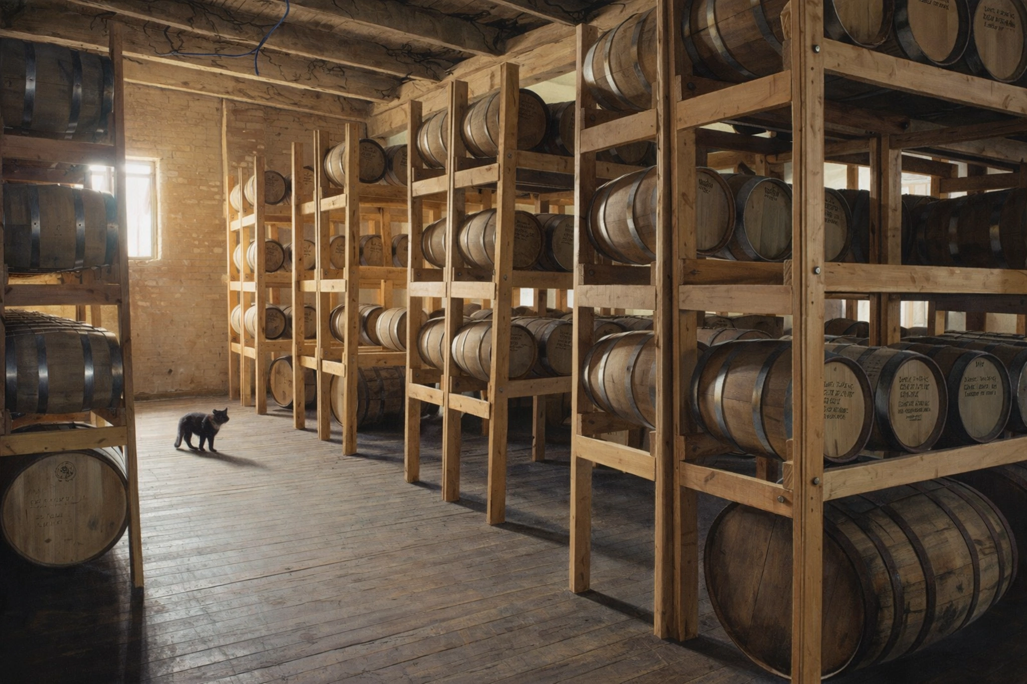 Rickhouse interior at Hartfield & Co. Distillery with wooden barrel racks and aging bourbon barrels.