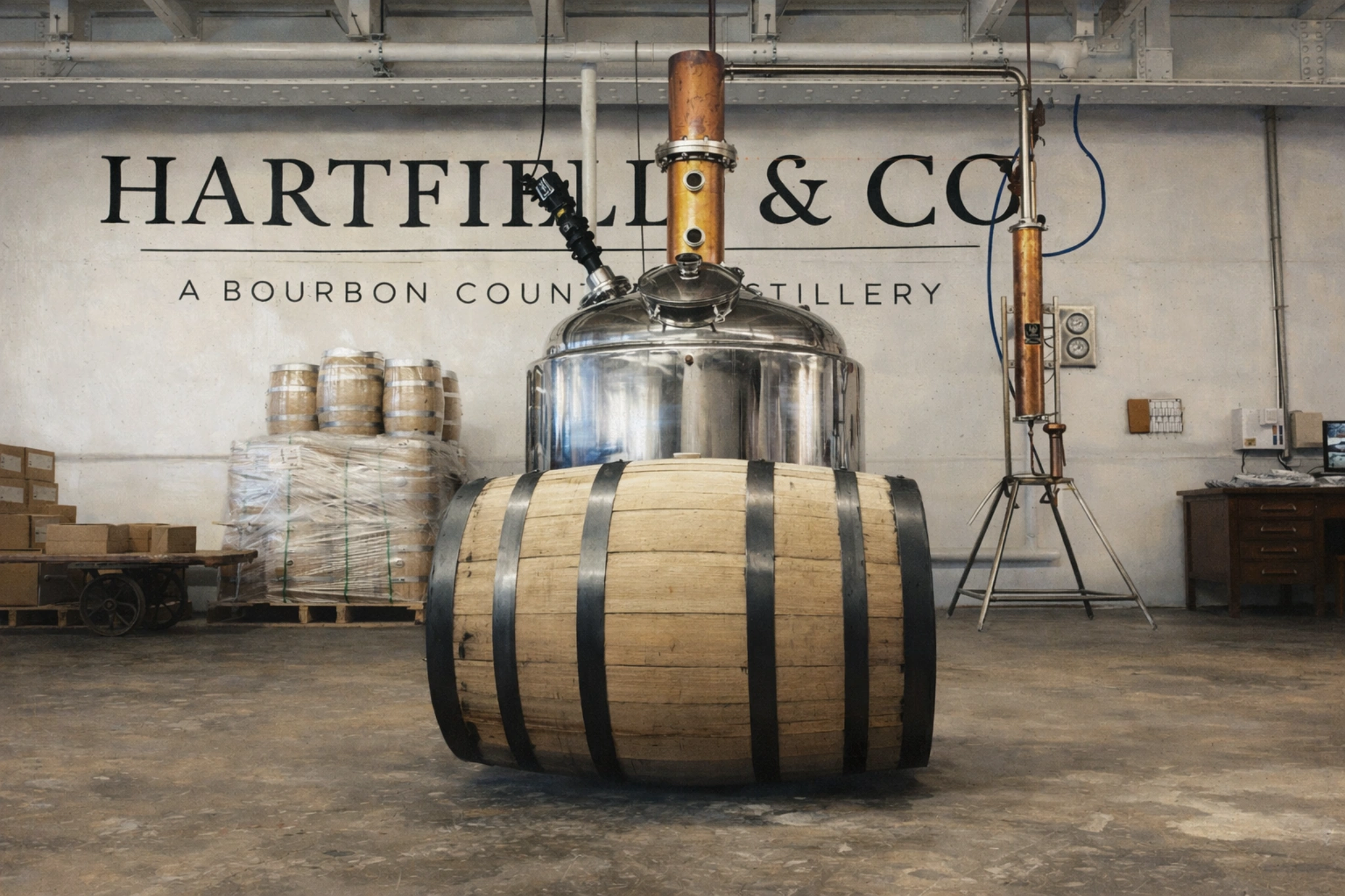 Copper pot still and barrel display inside Hartfield & Company Distillery in Bourbon County.