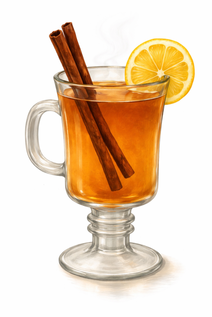 Hot Toddy in a glass mug with cinnamon sticks and a lemon wheel.