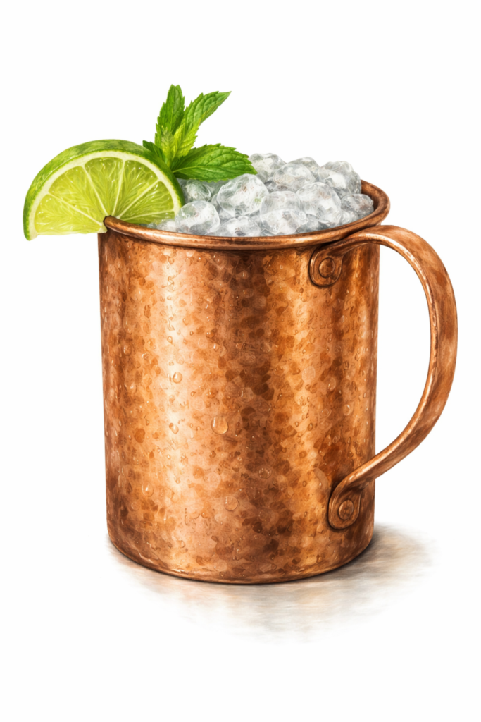 Kentucky Mule in a copper mug with crushed ice, lime, and mint.