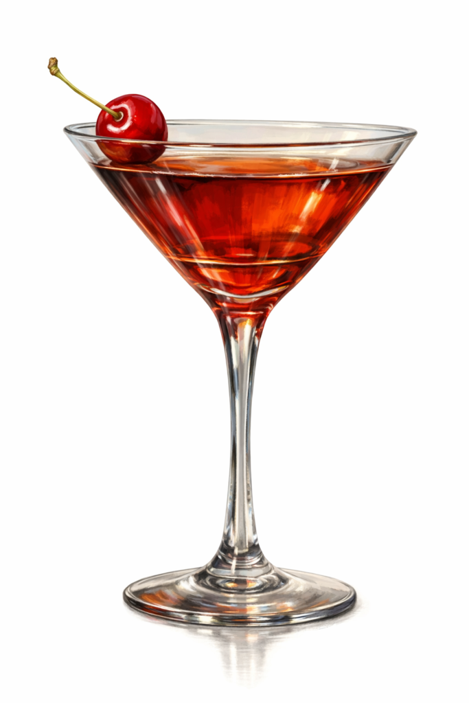 Manhattan cocktail in a martini glass with a cherry garnish.