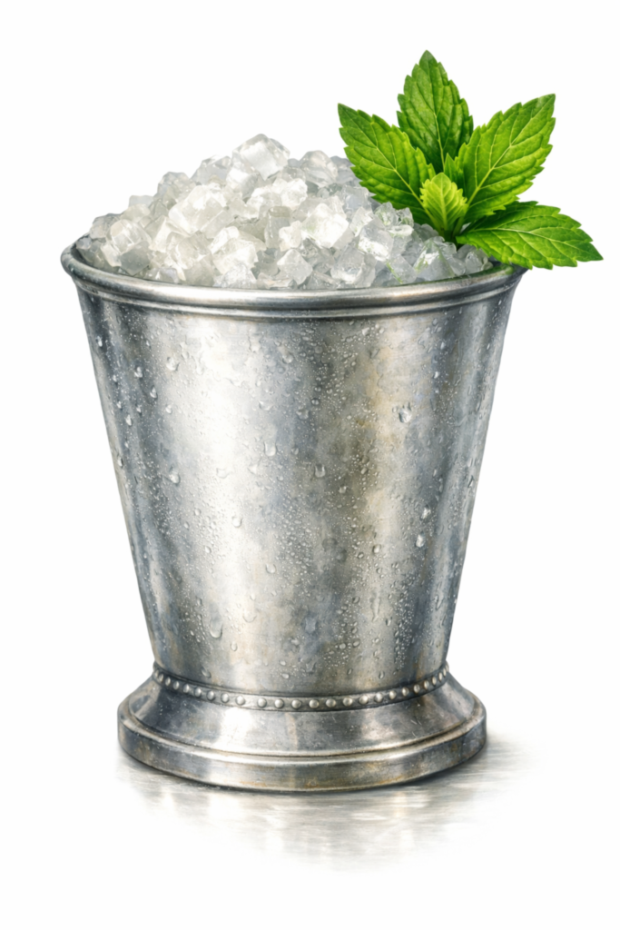 Mint Julep in a silver julep cup filled with crushed ice and fresh mint.