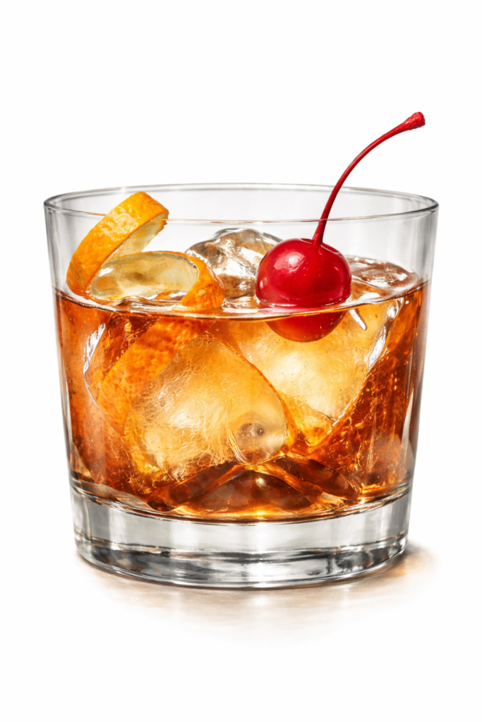Old Fashioned cocktail over ice with orange peel and a cherry.