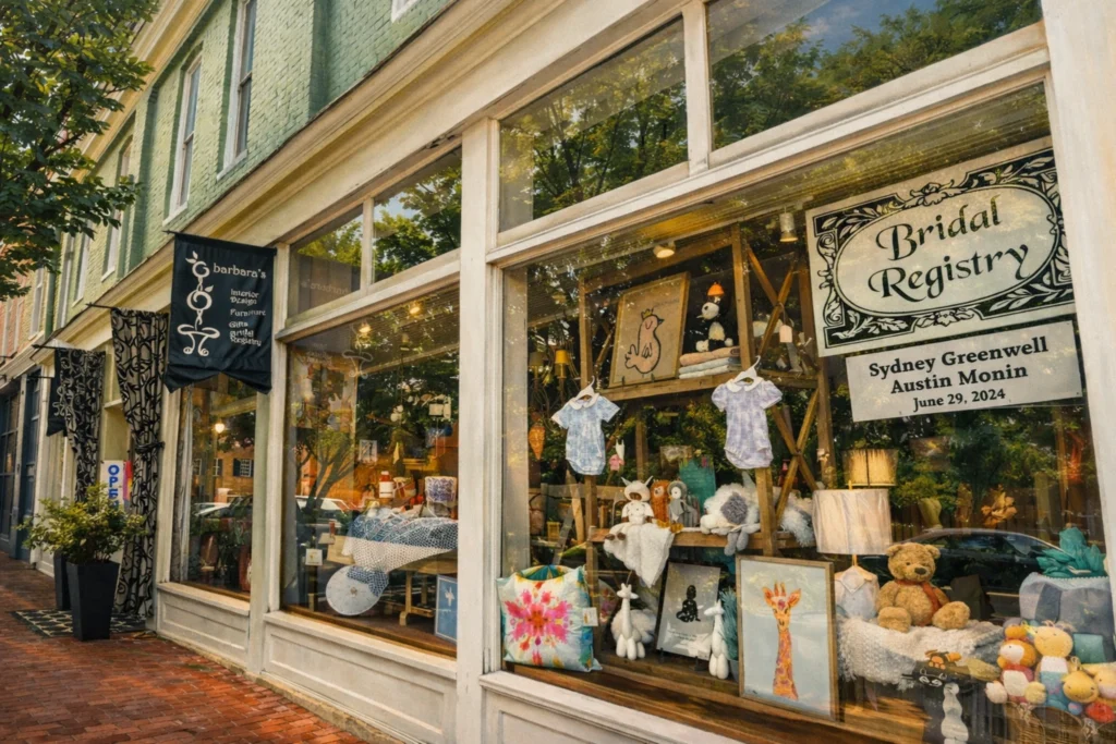 Window display at Barbara's in Bardstown, Kentucky, featuring baby gifts, home decor, and a bridal registry sign.