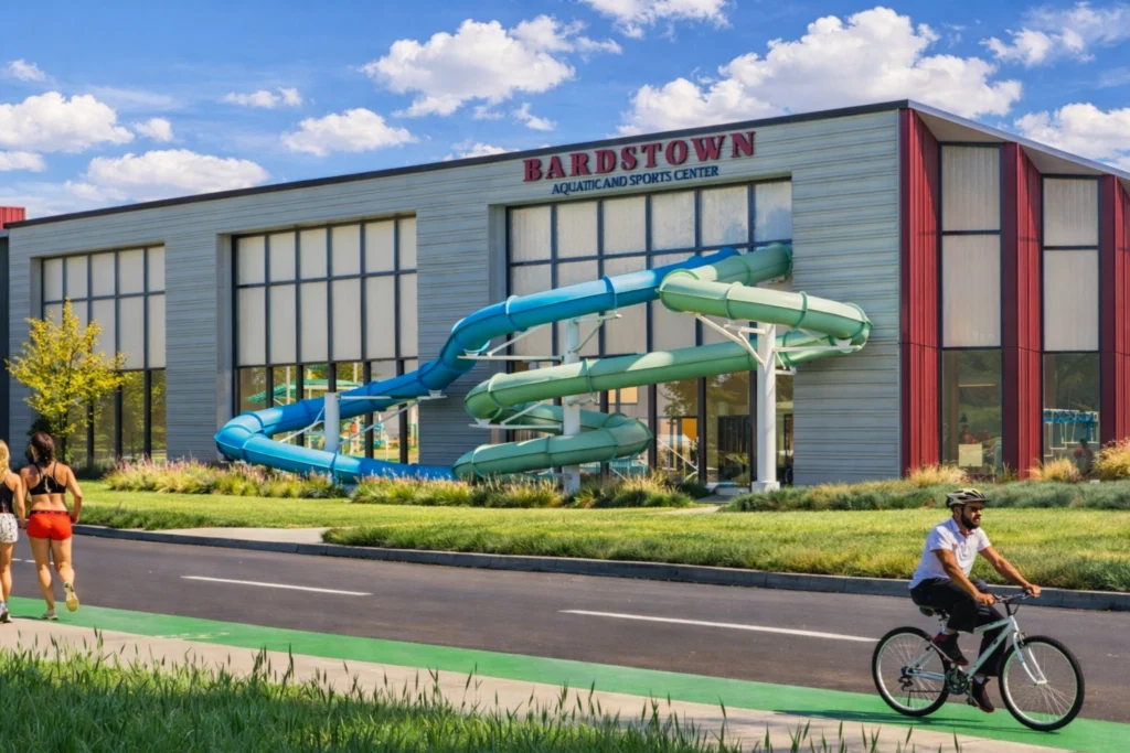 Bardstown Aquatic and Sports Center exterior with blue and green waterslides, tall front windows, landscaped grass, and people walking and biking along the street.