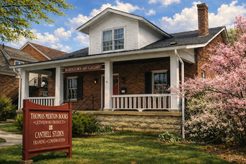 Exterior of Bardstown Art Gallery in Bardstown, Kentucky, featuring a brick building with white trim, a front porch, and blooming pink trees beside a red sign.