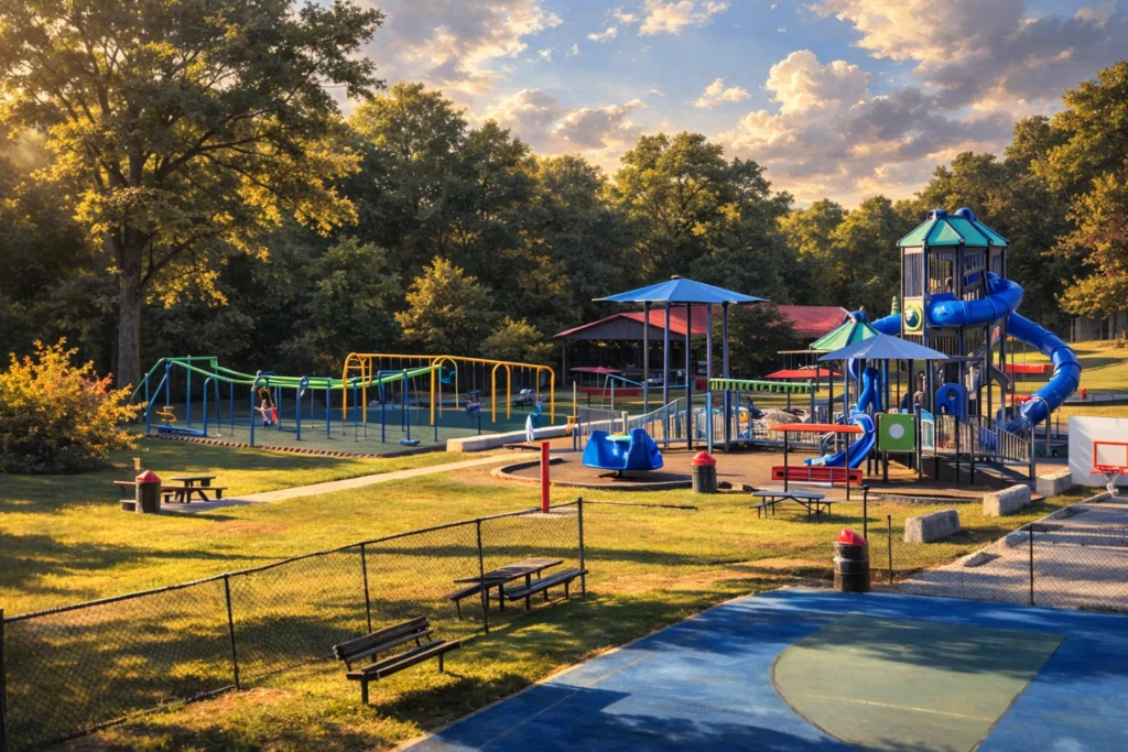Wide view of Bardstown Community Park featuring a colorful playground, swing set, picnic tables, and a blue basketball court with trees in the background.