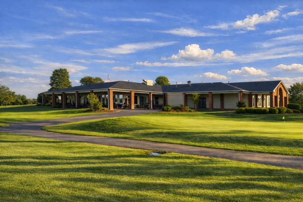 Exterior view of the Bardstown Country Club clubhouse in Bardstown, Kentucky, with a golf green and winding cart path in front.