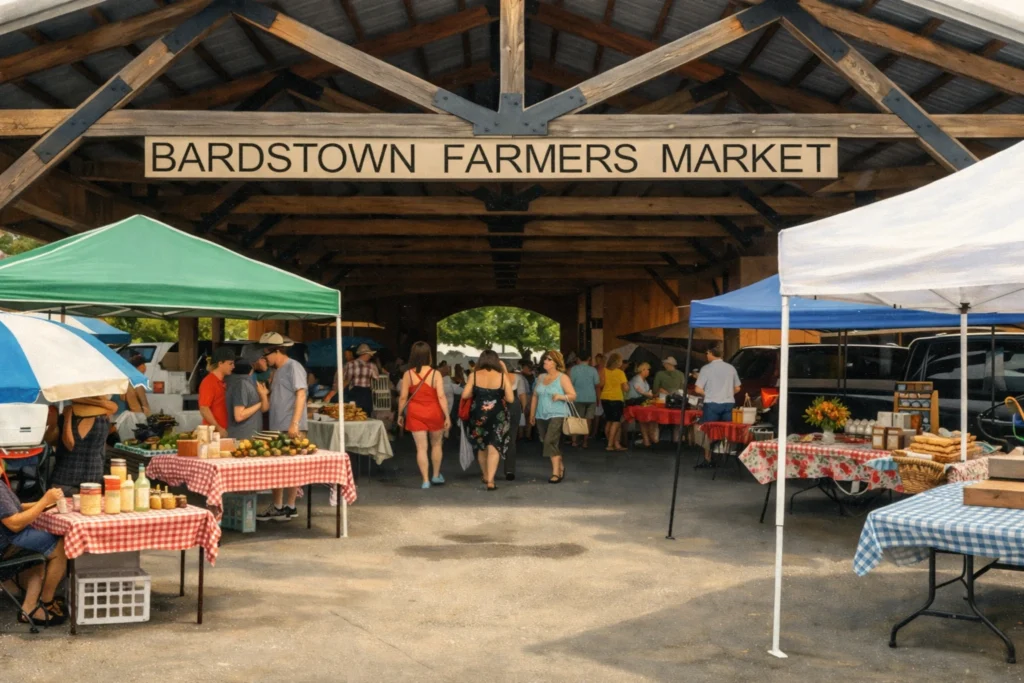 Bardstown Farmers Market shoppers and vendors under the covered pavilion with produce tables and pop-up tents.