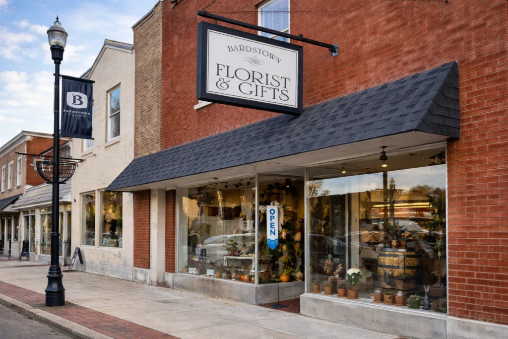 Front exterior of Bardstown Florist & Gifts with brick facade, hanging shop sign, large display windows, and downtown sidewalk.